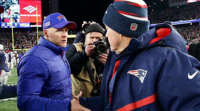 Dec 21, 2019; Foxborough, Massachusetts, USA; New England Patriots head coach Bill Belichick shakes hands with Buffalo Bills head coach Sean McDermott after their game at Gillette Stadium.